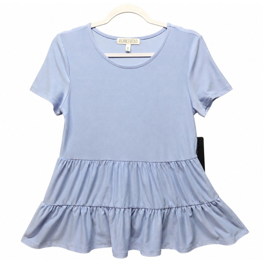 Planet Gold Babydoll Top Small Pastel Blue Short Sleeve Ruffle Scoop Neck NEW